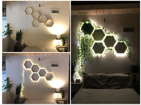 Hexagon shelves with vines and lights bedroom decor Hexagon Shelf Decor, Hexagon Decor, Shelving Decor, Shelf Decor Living Room, Diy Room Decor Videos, Narrow Hallway Ideas, Small Hallway Ideas, Hal Decor, Small Hallway