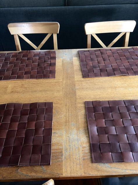 Hand Woven Leather Placemats | Modern Table Setting | Leather Trivet | Leather Table Runner Leather Table Runner, Leather Trivet, Leather Placemats, Modern Table Setting, Leather Table, Store Concept, Bags Ideas, Leather Wall, Work Project