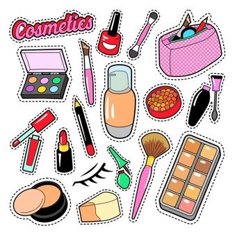 Vector Premium | Set de pegatinas cosméticas. Fashion Doodles, Beauty Elements, Makeup Printables, Valentines Day Doodles, Paper Makeup, Makeup Stickers, Notebook Doodles, Vector Doodle, Makeup Drawing