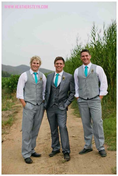 I like the distinction between the groom and groomsmen and the grey is not too dark or too light Gray Tux, Grey Tux, Coral Dresses, Green Ties, Gray Suits, Groom's Suit, Groom Tux, Cape Town Wedding, Mens Wedding Attire