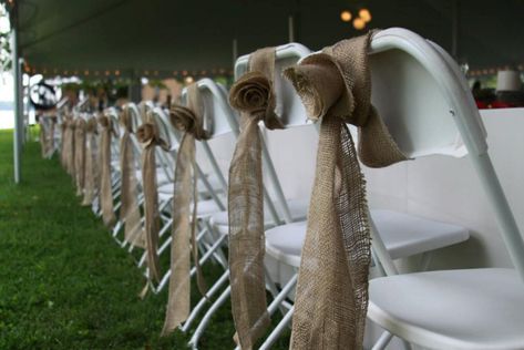 Can Plastic Folding Chairs Look Elegant For My Event? - CTC Event Furniture - CTC Event Furniture Decorate Folding Chairs, Chairs For Wedding, Burlap Chair Sashes, Burlap Rosettes, Burlap Chair, Burlap Ideas, Chair Bows, Chair Ties, Wedding Chair Decorations