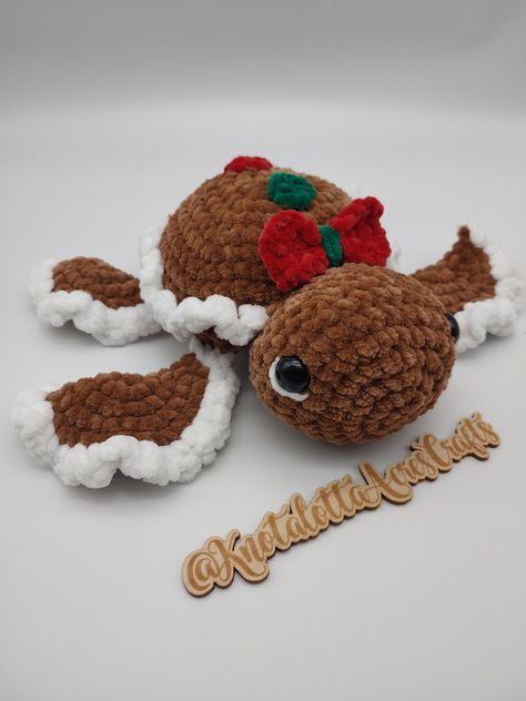 "Gingerbread turtle, ready to celebrate the holidays with you. Made with soft Premier Parfait Chunky yarns Measures about 7\" x 9\" x 4\" Pattern from HappyTurtleCrochet  https://www.etsy.com/listing/1327035517/gingerbread-turtle-pattern-crochet-pdf?ga_order=most_relevant&ga_search_type=all&ga_view_type=gallery&ga_search_query=happy+turtle+crochet&ref=sr_gallery-1-4&pop=1&sts=1&organic_search_click=1 *Safety precautions* This item is not intended for children under 3 without supervision as the safety eyes can be a potential choking hazard if dislodged" Christmas Turtle, Turtle Christmas, Happy Turtle, Turtle Crochet, Crochet Ornament Patterns, Crochet Deer, Easy Crochet Animals, Confection Au Crochet, Turtle Gifts