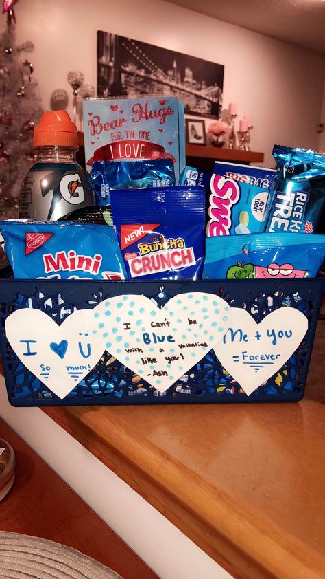 I can’t be blue! #boyfriend #blue #basket Blue Collar Valentines Basket, Blue Birthday Basket For Boyfriend, Blue Themed Gift Basket Boyfriend, Blue Gift Basket Ideas For Him, Blue Basket Gift For Boyfriend, Blue Gift Basket Ideas, Birthday Baskets For Boyfriend, Unique Diy Gift Ideas, Bae Basket