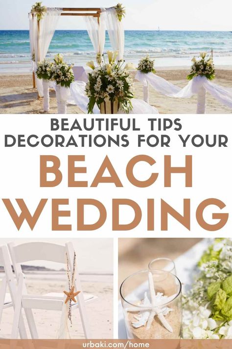 Beach wedding plans should include decorations that fit the overall style and colors of the bridal celebration. When shopping for beach decorations, choose those that complement the natural beauty and romance of a beach wedding ceremony. The abundance of beach decorations is perfect for a themed wedding, whether at sea or if you are creating an atmosphere away from the waves. Beach Decorations Use this list of decorations to get started decorating: Seashells: Place the clean shells on tables... Decorating Seashells, Budget Beach Wedding, Beach Wedding Setup, Wedding Reception Rooms, Beach Wedding Planning, Beach Wedding Aisles, Small Beach Weddings, Beach Decorations, Beach Wedding Ceremony