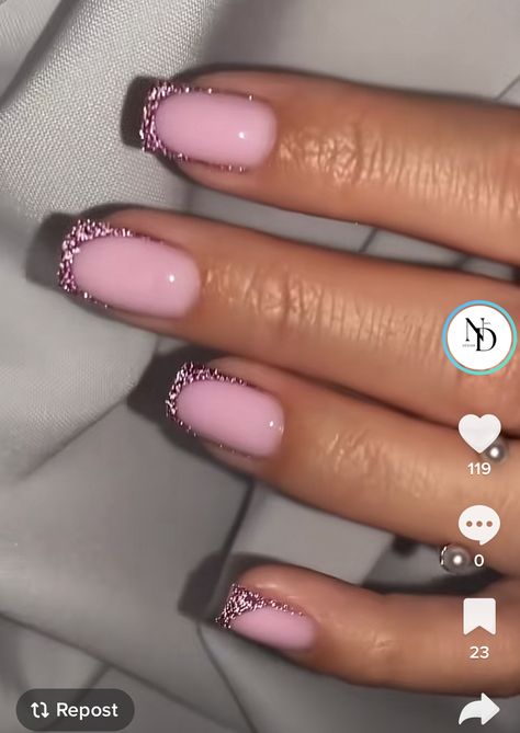 Nails Builder Gel Design, Pink French Nails With Glitter, Glitter Nails Short, French Glitter Nails, Coloured French Manicure, French Nails Glitter, Glitter French Nails, Pink Glitter Nails, Black Acrylic Nails