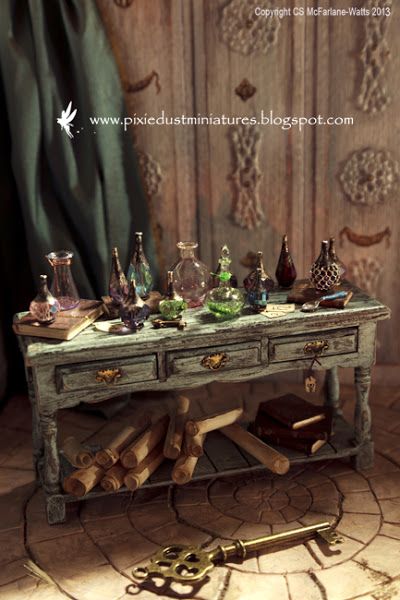 Potion Table, Potion Room, Spooky Miniatures, Haunted Dollhouse, Halloween Miniatures, Miniature Printables, Stained Glass Paint, Fairy Decor, Halloween Doll