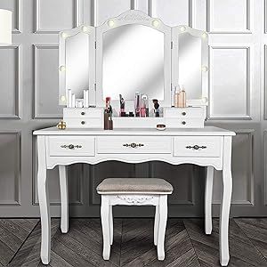 ENSTVER Vanity Beauty Station,Tri-Folding Mirrors,6 Organization 7 Drawers Makeup Dress Table with Cushioned Stool-White Dress Table, White Vanity Set, Beauty Station, Makeup Vanity Set, Makeup Dressing Table, Mirrored Vanity Desk, Bedroom Makeup Vanity, Mdf Panel, Trifold Mirror