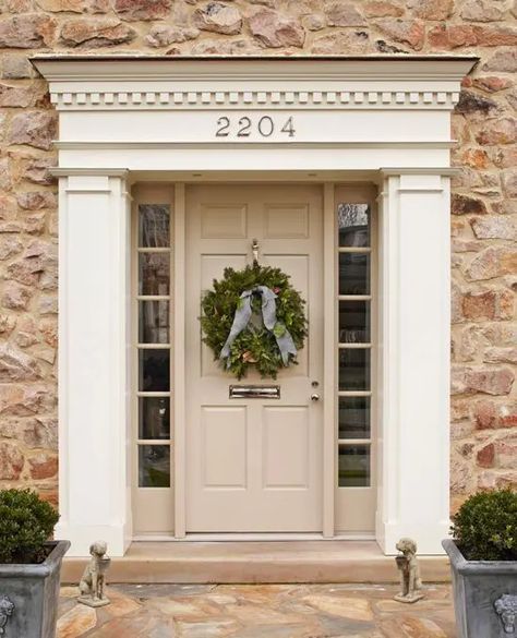 Beige Door Exterior, Dentil Moulding Exterior Front Doors, Front Door Traditional Home, Dentil Molding Exterior, Traditional Front Door Ideas, Front Door Pediment, House Entrance Ideas Entryway Exterior, Beige House Front Door Color, Beige Front Door