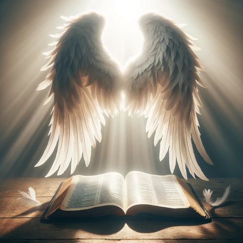 An ethereal image capturing the moment of angelic wings outstretched gracefully over an open Bible, resting on a wooden table. The scene is bathed in a soft, heavenly light that seems to emanate from the wings themselves, highlighting the holy scripture on the pages of the Bible. The background is a simple, serene setting that allows the focus to remain on the wings and the Bible, inviting... Humans With Wings, Human Wings, Angel Heaven, Angelic Wings, Jesus Son, Jesus Son Of God, Dove Images, Open Bible, Wings Wallpaper