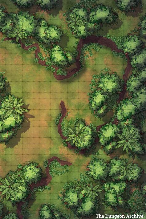 This battle map is for generic encounters, specifically created to be used in any jungle campaign in DnD. The size is 40x40, you can get the map for free in our Patreon. Jungle Battlemap Dnd, Jungle Battle Map Dnd, Wilderness Battlemap, Dnd Jungle Map, Jungle Battle Map, D&d Battle Maps, Jungle Battlemap, Dnd Forest Map, Battle Maps Dnd