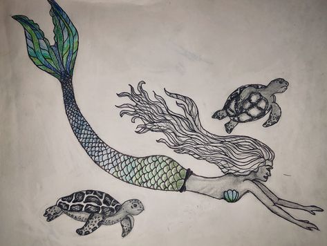 #mermaid #swimming #drawings #art #turtle #sketches Mermaids And Sea Turtles, Mermaid Turtle Tattoo, Mermaid Sea Turtle Tattoo, Mermaid And Turtle Tattoo, Swimming Mermaid Tattoo, Mermaid Swimming Drawing, Turtle Sketches, C Section Scar Tattoo, Pool Decorations