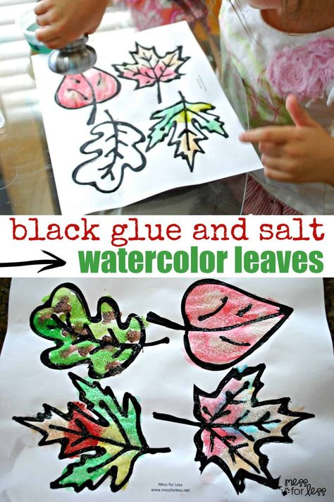 Black Glue and Salt Watercolor Leaves - Get your free leaf printable and make these lovely, textured Fall decorations. What a wonderful Fall project for kids! Salt Leaves Craft, Kids Painting Activities, November Themes, Salt Watercolor, Seasons Craft, Leaf Printable, Black Glue, November Crafts, Autumn Activities For Kids