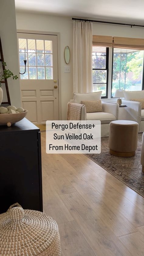 Kristin Marie Dallavia on Instagram: “We chose the Pergo Defense+ laminate floors in the color Sun-Veiled Oak from Home Depot. They are waterproof, scratch proof (amazing for…” Pergo Flooring Lvp, Best Pergo Flooring, Boho Wood Flooring, Crema Oak Pergo, Lifeproof Alexandria Oak Vinyl Flooring, Pergo Waterproof Laminate Flooring, Anderson Oak Pergo, Lifeproof Fresh Oak Flooring, Pergo Oak Flooring