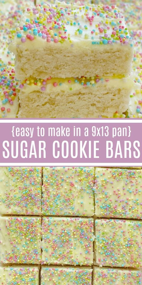 Not Too Sweet Frosting, Sugar Cookie Bars Recipe, Easter Cookie Bars, Sugar Cookie Bar Recipe, Birthday Desert, Cake Bars Recipe, Easy Bar Recipes, Dessert Squares, Sugar Cookie Cakes