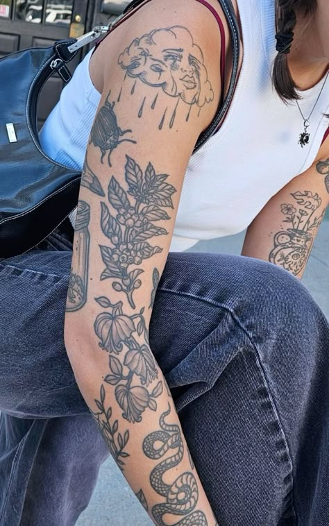 #tattoos #sleeves #tattoosforwomen #aesthetic #tattooideas Shoulder Tattoos Patchwork, Full Patchwork Sleeve Tattoo, Cool Arm Sleeve Tattoos, Tattoo Inspo Sleeve, Tattoos Sketches, Themed Patchwork Tattoo Sleeve, Sleeve Tattoo Template, Patchwork Chest Tattoo Female, Tattoo Sleeve Traditional