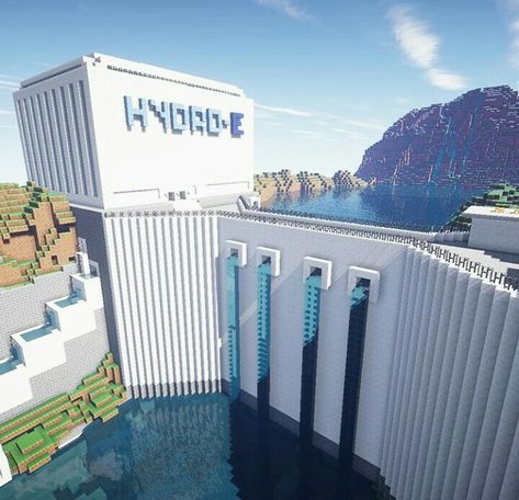 A dam in Minecraft built from white wool or quartz blocks.                                                  Дамбе сделана из белой шесть или кварцевые блоки. Minecraft Dam Ideas, Minecraft Dam, Minecraft Modern City, Construction Minecraft, Case Minecraft, Minecraft City Buildings, Minecraft Mansion, Minecraft Houses Blueprints, Minecraft Structures