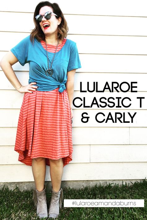 LuLaRoe Classic T and Striped Carly Trip Fashion, Carly Dress Lularoe Styling, Lularoe Carly Styling, Lularoe Classic Tee Styling, Lularoe Ariel Dress, Mixing Patterns, Lularoe Madison Skirt, Curated Closet, Lula Roe