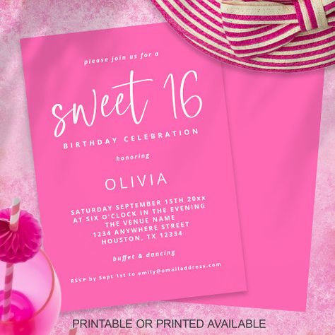 Modern Script Hot Pink Sweet 16 Birthday Party Invitation #zazzle #weddinginvitations #birthdayinvitations #babyshowerinvitations #zazzleinvitations #monogram #businesscards #graduation #homedecor Hot Pink Sweet 16, Sweet 16 Party Invitations, Pink Party Theme, Pink Sweet 16, Sweet Sixteen Birthday Party Ideas, 16 Invitations, Sweet 16 Decorations, 16th Birthday Invitations, Modern Birthday