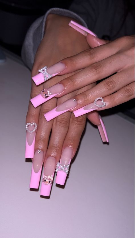 Long French Tip Nails Pink, Long Acrylic Nails Pink French Tip, Pink Nail Sets Long, Long Nail Inspo Baddie Pink, Long Pink French Tip Nails, Long French Tips, Long Pink French Tip Nails Square, Long Pink French Tip Nails With Rhinestones, Pink Long Nails