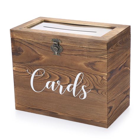 PRICES MAY VARY. Wood Wooden Wedding Card Box measures 30cm x 17cm x 25cm / 11.7" x 6.7" x 9.7", could put in money, envelopes, postcard, photos and mini gifts. Vintage solid wood wedding party guest card holder box with cursive "Cards" lettering, this card holder box is an excellent storage accessory for any wedding, graduation, or special event setting. The hinged lid with an opening and closing latch allows you to easily access the box's contents. This vintage wedding card container box for r Wedding Card Box With Lock, Wedding Card Box Ideas, Wooden Card Box Wedding, Mini Gifts, Money Box Wedding, Vintage Wedding Cards, Box With Lock, Card Box Holder, Envelope Box