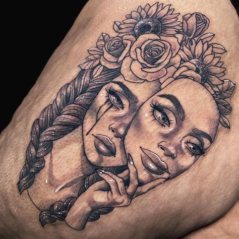 Meaningful Thigh Tattoos, Tattoos For Dark Skin, Art Inspiration Drawing Ideas, Inspiration Drawing Ideas, Best Thigh Tattoos, Front Thigh Tattoos, Thigh Piece Tattoos, Thigh Tattoos For Women, Upper Thigh Tattoos