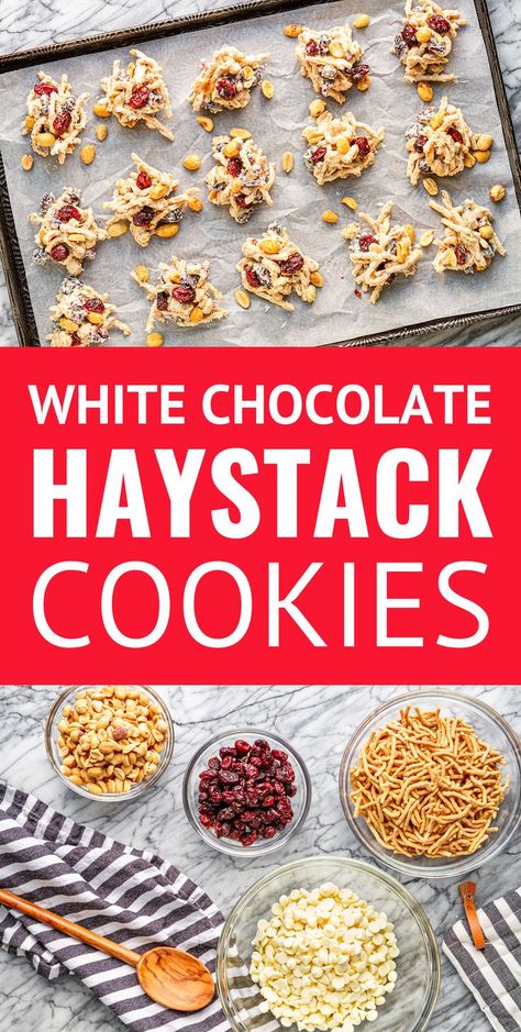 No-Bake Haystack Cookies -- made with just four ingredients and ready in 10 minutes (plus cooling time), these salty-sweet haystack cookies, filled with white chocolate, salted dry roasted peanuts, chow mein noodles, and dried cranberries, are sure to be a holiday (and every day) hit! | haystack cookie recipe | ting-a-lings recipe #haystackcookies #cookies #cookierecipes #christmascookies #christmas #peanuts Haystack Cookies, Shortbread Bites, Hot Chocolate Fudge, New Year's Desserts, Vegan Candies, Slow Cooker Desserts, Food Stamps, Winter Desserts, Desserts For A Crowd