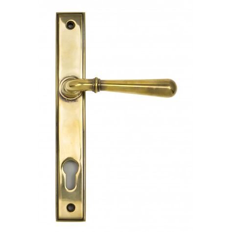 Aged Brass Newbury Slimline Lever Espag. Lock Set External Door Handles, Window Furniture, Modern Properties, Lock Set, Traditional Building, External Doors, Door Kits, Unlacquered Brass, Door Furniture