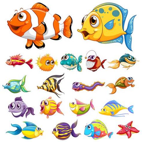 Different types of fish Aquatic Art, Drawn Fish, Fish Clipart, Paint Vector, Cartoon Fish, Fish Vector, Plant Vector, Fish Illustration, Animal Icon