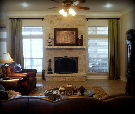 window treatments for windows on each side of fireplace - AOL Image Search Results Transom Window Treatments, Fireplace Between Windows, Small Basement Remodeling, Fireplace Windows, Window Treatments Living Room, House Blinds, Room With Fireplace, Transom Windows, Trendy Living Rooms