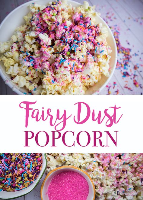 Fairy Dust Popcorn - Perfect Treat for a Girl's Birthday Party or for a Movie Night - Clumsy Crafter Girls Birthday Parties, Easy Popcorn, 4de Verjaardag, Popcorn Treat, Fairy Garden Birthday Party, Popcorn Treats, Fairy Tea Parties, Forest Birthday, Fairy Garden Party