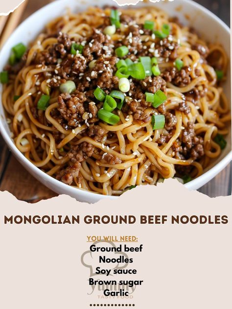 🍜🍖 Mongolian Ground Beef Noodles - a flavorful, quick meal! #AsianFlavors #QuickDinner Mongolian Ground Beef Noodles Ingredients: Ground beef (1 lb) Noodles, cooked (8 oz) Soy sauce (1/4 cup) Brown sugar (1/4 cup) Garlic, minced (3 cloves) Ginger, grated (1 tsp) Green onions, chopped (1/2 cup) Sesame oil (1 tbsp) Cornstarch (1 tbsp) Water (1/4 cup) Instructions: Cook ground beef in a skillet over medium heat until browned. Add garlic and ginger, cook for 1 minute. Mix soy sauce, brown sug... Mongolian Ground Beef Noodles, Ground Beef Noodles, Mongolian Ground Beef, Beef Noodles, Spaghetti Noodles, Noodles Recipe, Quick Weeknight Dinners, Beef And Noodles, Sweet Sauce