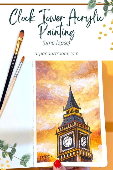 How to Paint Clock Tower of London in Acrylic Colors time-lapse Tutorial by Artist. Clock Tower Painting, London Clock Tower, Tower Painting, London Clock, Diy Phone Case Design, Clock Painting, Building Painting, Acrylic Landscape, Landscape Paintings Acrylic