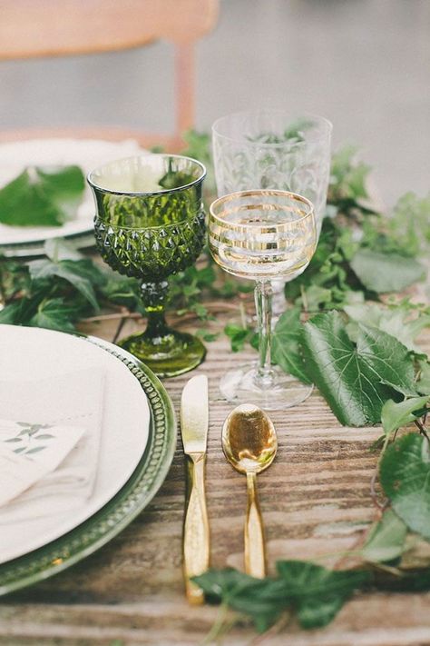 Add a Splash of Color to Your Wedding Tables With These Vintage-Inspired Glasses Botanical Wedding Inspiration, Green Glasses, Chic Vintage Brides, Mini Terrarium, Green Glassware, Wedding Dessert Table, Colored Glassware, Wedding Table Decorations, Deco Floral