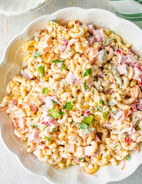 Mexican ham pasta salad all mixed together in a large white bowl. Mexican Ham, Pasta Salad With Ham, Pasta With Ham, Mexican Macaroni, Ham Pasta Salad, Salad With Ham, Mexican Pasta Salad, Ham Pasta, Mexican Pasta