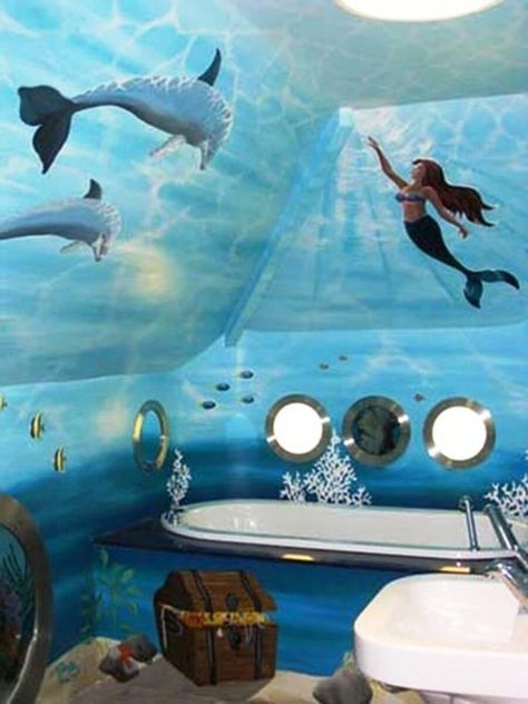 MERMAID BATHROOM IDEAS – Mermaid has long been handed down from generation to generation as a beautiful fairytale. The story captures the hearts of pe... Ocean Themed Bathroom Ideas, Kraken Bathroom, Rory Room, Wesley House, Under The Sea Bathroom, Little Mermaid Bathroom, Sea Bathroom Decor, Childrens Bedroom Wallpaper, Ocean Themed Bathroom