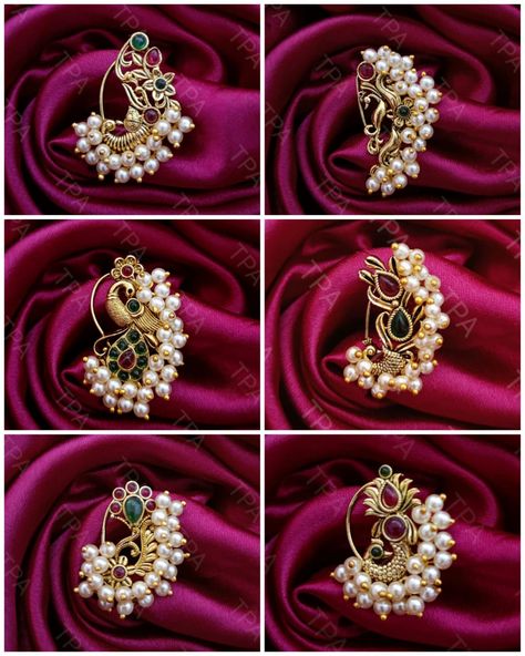 Maharashtrian Nath Designs, Moti Jewellery, Nath Designs, Maharashtrian Nath, Short Kurti Designs, Mughal Jewelry, Nath Nose Ring, Ear Pins Earrings, Maharashtrian Jewellery