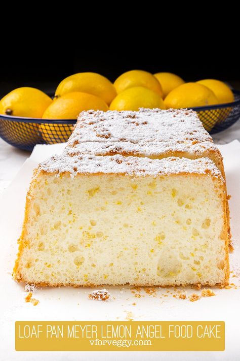 Loaf Pan Meyer Lemon Angel Food Cake Recipe | V for Veggy Cake In A Loaf Pan, Lemon Angel Food Cake, Vegetarian Recipes Dessert, Lemon Pound Cake Recipe, Vegetarian Desserts, Lemon Loaf, Lemon Pound Cake, Angel Cake, Meyer Lemon