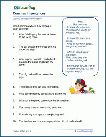 Punctuating sentences with commas worksheets | K5 Learning Comma Worksheets, Worksheets Grade 2, Combining Sentences, Punctuation Worksheets, Good Study Habits, Compound Sentences, Grammar Punctuation, Cursive Writing Worksheets, Sentence Correction