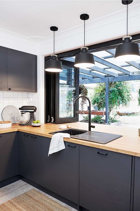 Kitchens With No Islands Layout, Servery Window Kitchen, Kitchen Interior With Window, Kitchen Before And After, Cafe Style Kitchen, Cafe Kitchen Design, Kitchen To Garden, Kitchen With Windows, Kitchen Servery