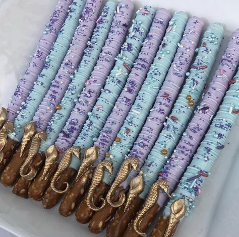 Mermaid Dessert Table Ideas, Mermaid Theme Treat Table, Mermaid Pretzels, Mermaid Treats, Mermaid Desserts, Mermaid Theme Strawberries, Rice Krispie Treats Mermaid Theme, Mermaid Pretzel Rods, Mermaid Chocolate Covered Treats