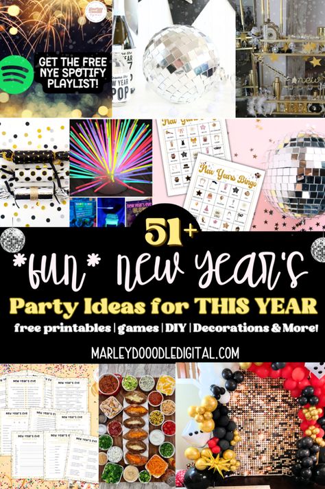 Discover 51+ NYE party ideas that will wow your guests! From DIY decorations and free printables to fun games and unique themes, this list has everything you need for an incredible New Year’s Eve celebration. Ideal for at-home parties with friends or family, these ideas make hosting simple and stress-free. Start planning your festive celebration now! Nye Parties At Home, Free Printable New Years Eve Games, New Years Party Ideas At Home Friends, New Years Eve With Teens, Last Minute New Years Eve Party Ideas, New Year’s Eve Party Games For Adults, Games For New Year’s Eve Party, New Years Eve Pajama Party, Diy New Year’s Eve Games