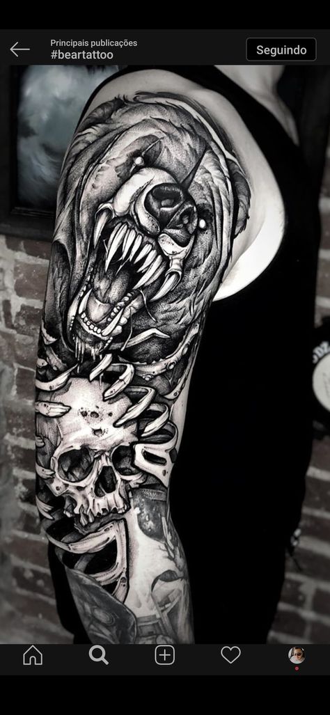 Scary Bear Tattoo, Gothic Bear Tattoo, Panda Warrior Tattoo, Half Sleeve Tattoos Wolf, Beast Tattoo, Arm Tattoos Drawing, Bear Tattoo Designs, Gorilla Tattoo, Bear Tattoos