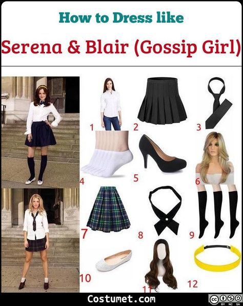 Uniform Costume Ideas, Halloween Costume With Black Skirt, Costumes With Black Skirt, Halloween Costumes Black Skirt, Halloween Costumes With Black Skirt, Black Skirt Costume Ideas, Blair Costume, Serena And Blair Costume, Gossip Girl Costume