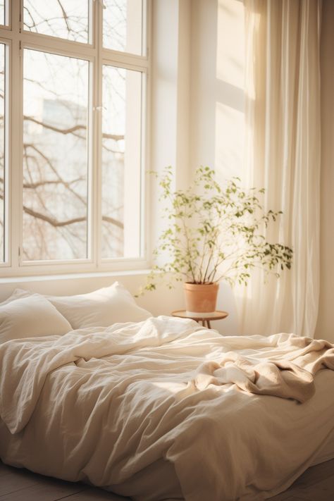 A perfect winter morning when you can wake up from this beautiful early 1900s nordic apartment. The soft bed with linen sheets looks slept in yet stylish in a chic modern bohemian way. The minimalistic decor with a single houseplant and translucent drapes create a calming atmosphere for sleeping and relaxing in the warm morning light. Morning Light Bedroom, Bedroom Sunlight, Morning Curtains Aesthetic, Sunrise Bedroom Window, Bedroom Morning Sunlight, Nordic Apartment, Scandinavian Bedding, Morning Sunrise Aesthetic Window, Minimalistic Decor