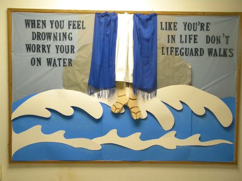 This was one of my favorite church bulletin boards, the author of the quote is unknown. I used a blue scarf and white fabric for robe and tucked it in behind background paper.  After I took the picture, I tucked it in a little better. Catholic Bulletin Boards, Religious Bulletin Boards, Bible Bulletin Boards, Jesus Walks On Water, Kids Bulletin Boards, Class Bulletin Boards, Christian Bulletin Boards, Jesus Walking, Sunday School Decorations