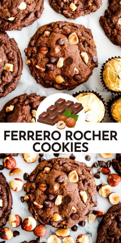 Ferrero Rocher Stuffed Cookies, Knolls Cookies, Ny Style Chocolate Chip Cookies, Ferraro Rocher Cookies, Giant Thick Cookie Recipe, Recipes With Ferrero Rocher, Ferrero Rocher Cookies Recipe, Winter Cookie Flavors, Gourmet Cookie Flavors