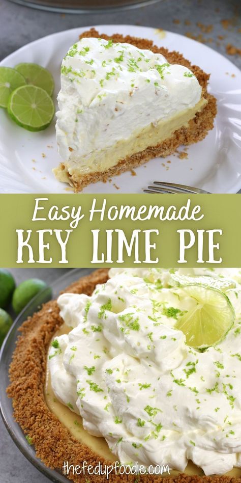 One of the easiest desserts for Summer and Thanksgiving, this Key Lime Pie recipe has a sweet and tangy key lime custard inside a crunchy graham and coconut crust and is topped with a fluffy lime whipped cream. This is the perfect dessert for anyone who loves citrus. #KeyLimePie #KeyLimeDesserts #LimePieRecipe #EasyKeyLimePie #EasyKeyLimePieRecipeCondensedMilk #BestKeyLimePie #KeyLimePieEasy Homemade Key Lime Pie Recipe, Key Lime Custard, Lime Whipped Cream, Homemade Key Lime Pie, Lime Custard, Desserts For Summer, Easiest Desserts, Coconut Crust, Key Lime Pie Easy