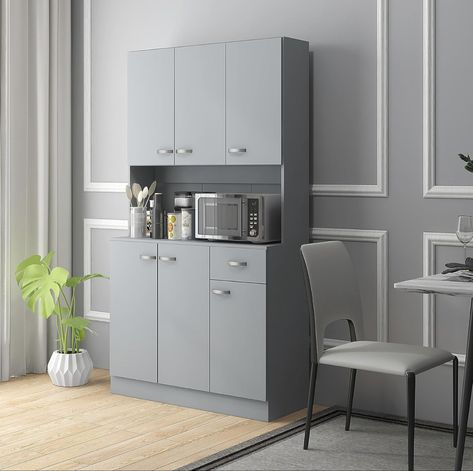 71" Freestanding Buffet with Hutch, Kitchen Storage Cabinets, Pantry with 6 Doors, 3 Adjustable Shelves, and Drawer for Living Room, Gray #kitchen #storage #modern #homedesign Kitchen Standing Cabinet, Buffet With Hutch, Kitchen Storage Cabinets, Free Standing Kitchen Cabinets, Organiser Cucina, Microwave Cabinet, Microwave Shelf, Buffet Hutch, Pantry Storage Cabinet