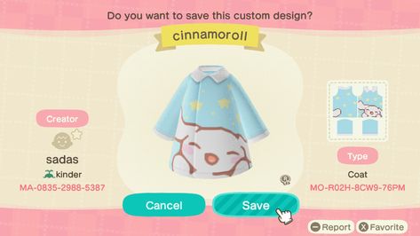 Cinnamoroll acnh jacket Animal Crossing Cinnamoroll Cafe, Cinnamoroll Animal Crossing Clothes, Sanrio Clothes Animal Crossing, Acnh Clothes Design Id Kawaii, Cinnamoroll Acnh Code, Animal Crossing Cinnamoroll Design, Cinnamoroll Acnh Design, Acnh Cinnamoroll Cafe, Acnh Clothes Design Id Cute