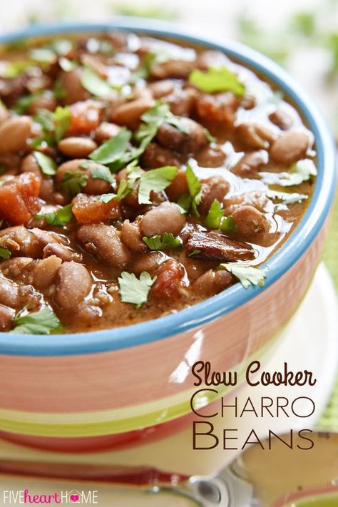 Slow Cooker Charro Beans ~ these "cowboy beans" are loaded with bacon, garlic, tomatoes, herbs, and spices, making them an excellent side dish to any Mexican entree! | FiveHeartHome.com Charro Beans, Mexican Entrees, Cowboy Beans, Bean Recipe, Green Chiles, Crock Pot Slow Cooker, Pinto Beans, Crock Pot Cooking, Mexican Recipes